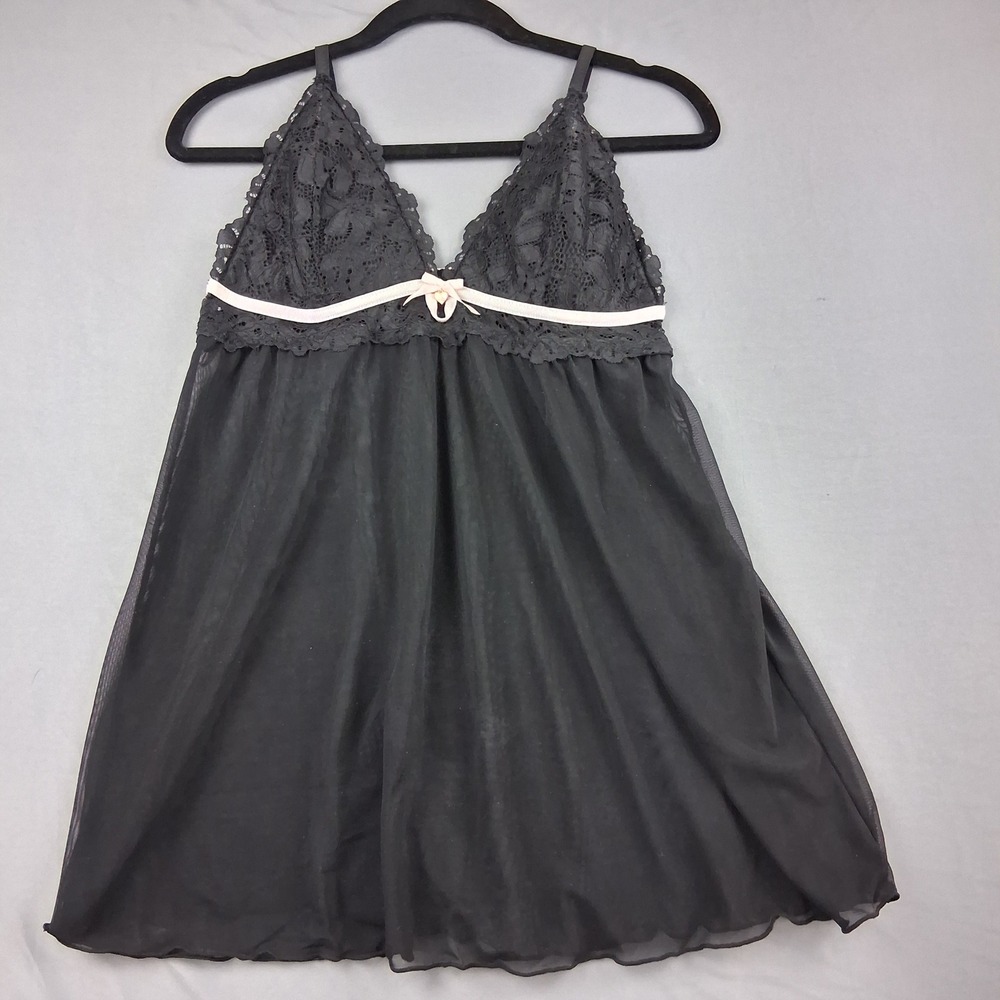 Rachel Rachel Roy Womens Black Lace Mesh Babydoll Chemise Pink Bow Heart XL